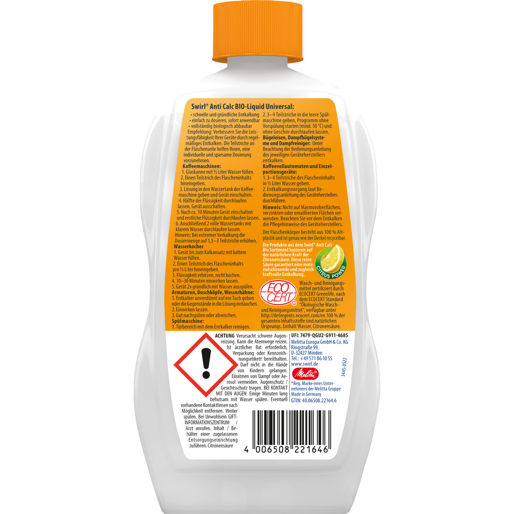 Swirl Anti Calc Bio-Liquid Universal Flasche Rückseite