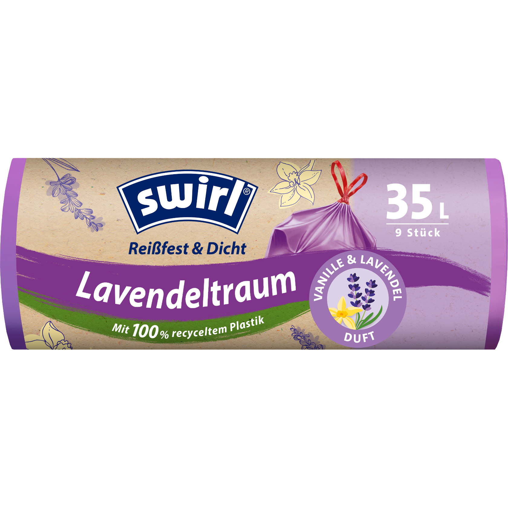 Swirl Vanille-Lavendel-Duft-Müllbeutel Verpackung Vorderseite - 35 Liter, 9 Stück