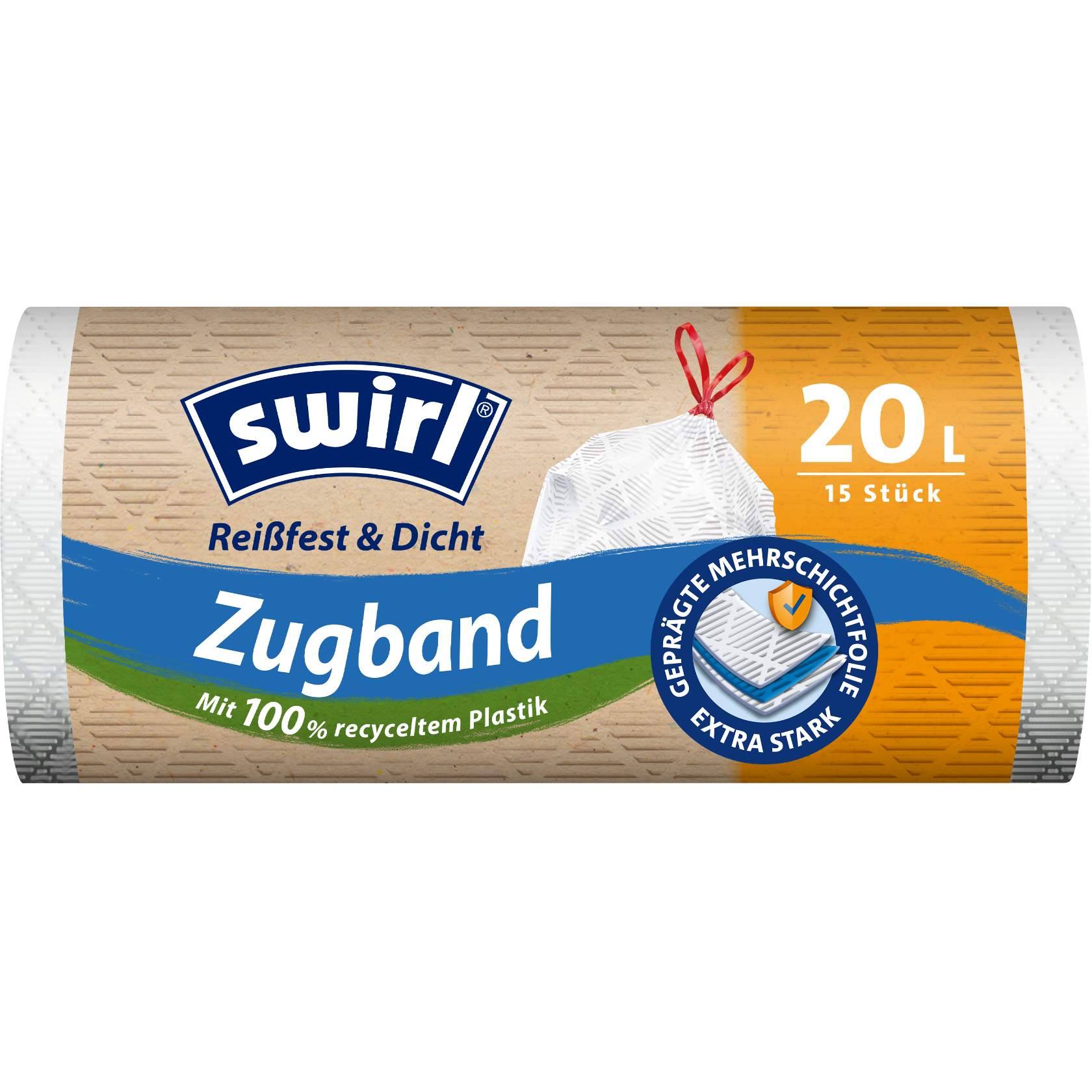 Swirl reißfest und dicht Zugband-Müllbeutel Verpackung Vorderseite - 20 Liter, 15 Stück