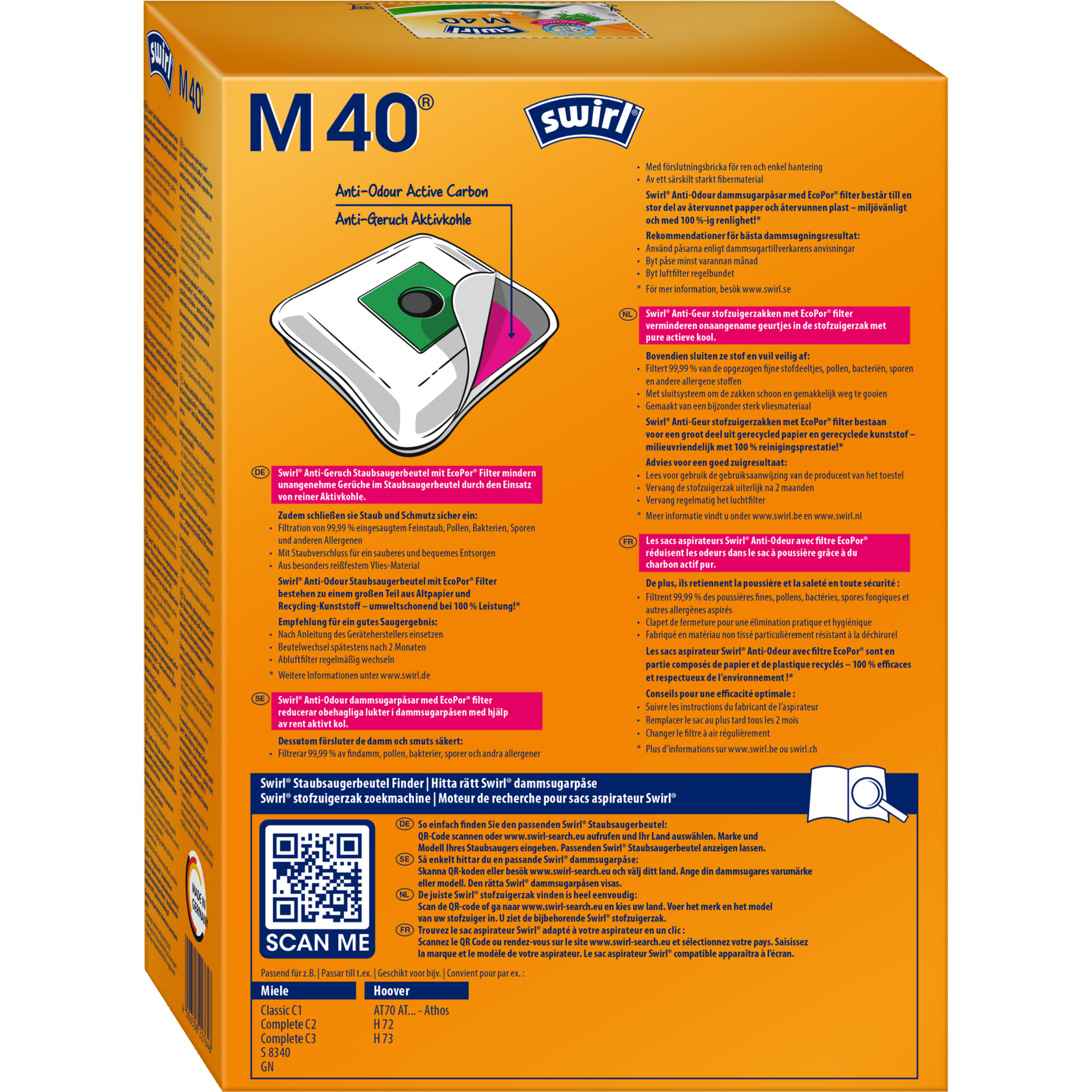 Swirl EcoPor Anti-Geruch Staubsaugerbeutel M 40 Verpackung Rückseite