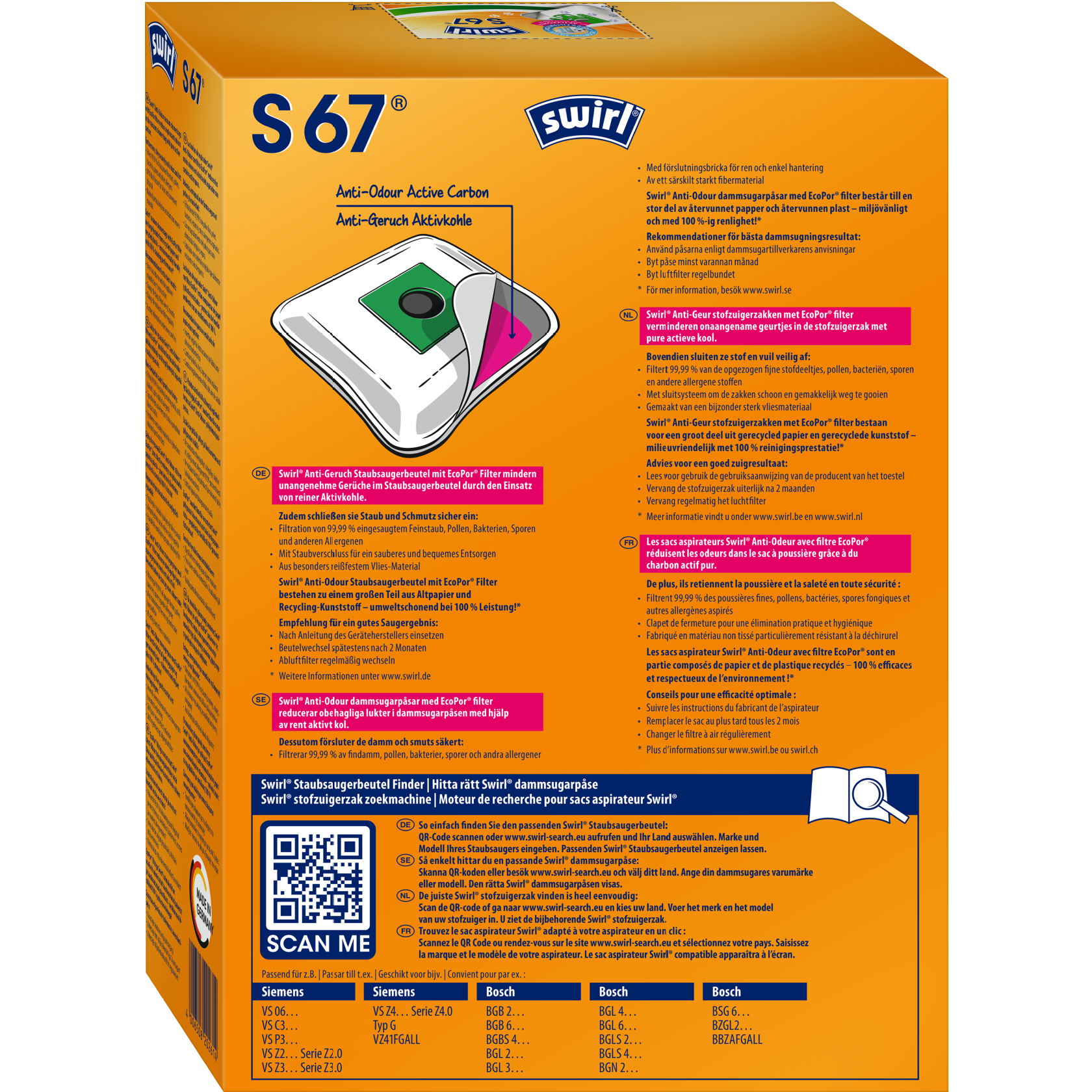Swirl EcoPor Anti-Geruch Staubsaugerbeutel S 67 Verpackung Rückseite