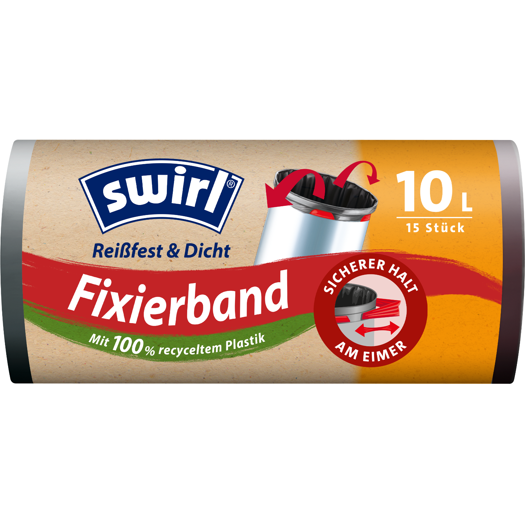 Swirl Fixierband-Müllbeutel Verpackung Vorderseite - 10 Liter, 15 Beutel