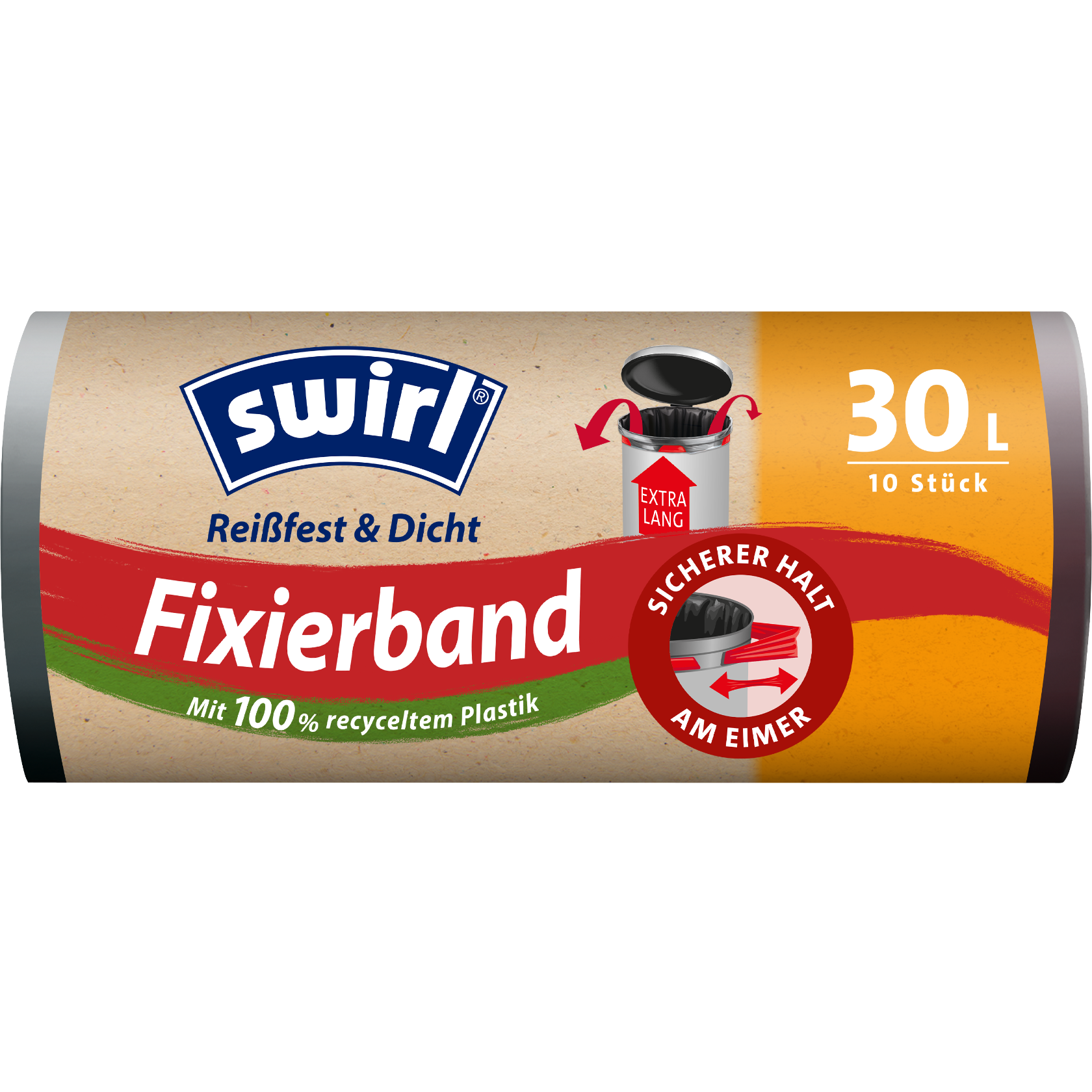 Swirl Fixierband-Müllbeutel Verpackung Vorderseite - 30 Liter, XL, 10 Beutel