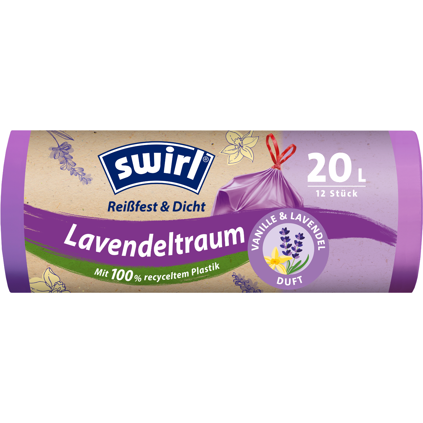 Swirl Vanille-Lavendel-Duft-Müllbeutel Verpackung Vorderseite - 20 Liter