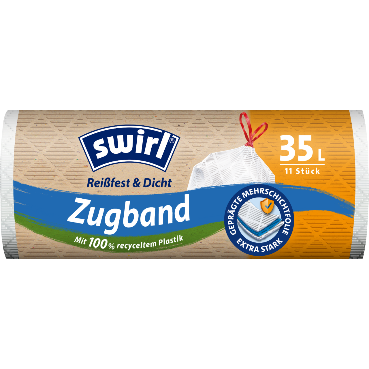 Swirl reißfest und dicht Zugband-Müllbeutel Verpackung Vorderseite - 35 Liter